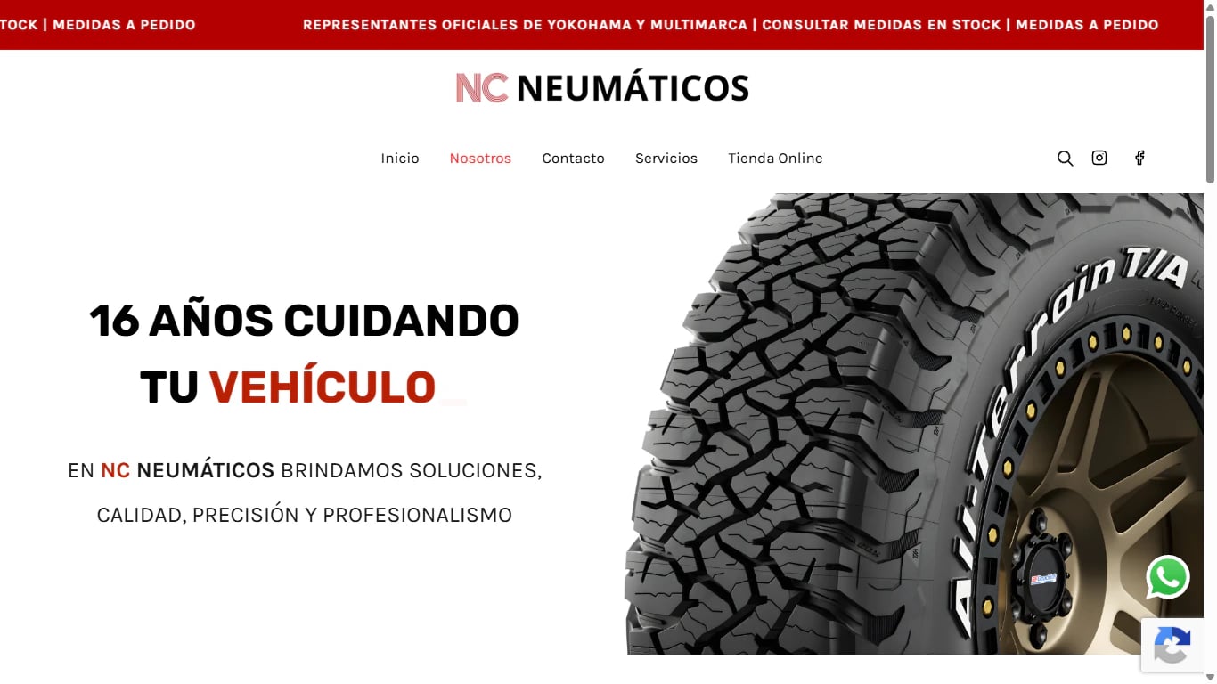 Inicio de NC Neumáticos, con el buscador de neumáticos por marca, ancho, perfil y rodado